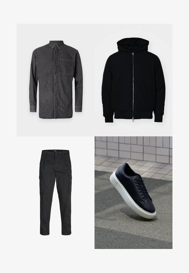 Čierna kapucňová bunda s predným zipsom, klokaními vreckami, rebrovanými manžetami a lemom, zobrazená na bielom pozadí.; Košela na gombíky v tmavošedej denime, má dlhé rukávy, golier a náprsné vrecko s vyblednutou textúrou a kontrastným prešívaním.; Čierne cargo nohavice z odolnej látky, s viacerými vreckami, gombíkovým zapínaním a úzkym strihom so zúženými nohavicami.; Čierne kožené tenisky s okrúhlou špičkou a bielou gumovou podrážkou. Majú ploché šnúrky a minimálne šitie na vrchu. Textúrovaná podrážka pre lepšiu priľnavosť.