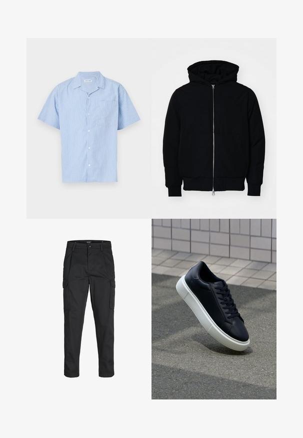 Črna kapuca jakna s sprednjim zadrgo, kenguru žepom, rebrastimi manšetami in hemom, razstavljena na enostavni beli ozadju.; Kratka majica s gumbom s kratkimi rokavi v svetlo modri barvi z navpičnimi belimi črtami. Ima ovratnik in žep na levi strani prsnega dela. Mehka tekstura tkanine.; Črne cargo hlače iz trdnega blaga, ki imajo več žepov, gumbasto zapiranje in ozek kroj z zožanimi nogami.; Črne usnjene superge z zaobljenim prstom in belim gumijastim podplat. Imajo ravne vezalke in minimalno šivanje na zgornjem delu. Teksturirani podplat za oprijem.