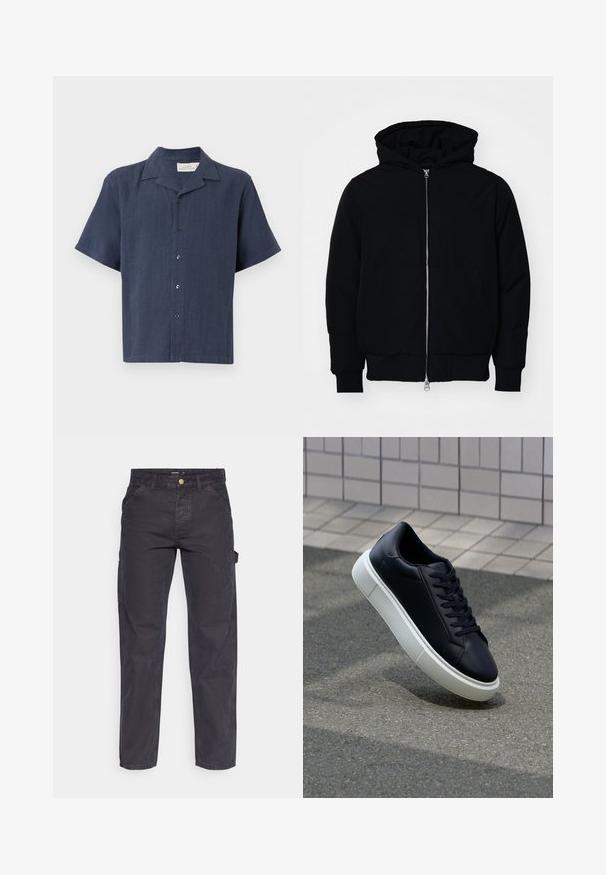 Sort hættejakke med frontlynlås, kængurulomme, ribbede manchetter og kant, præsenteret på en ensfarvet hvid baggrund.; Kortærmet, knap-uden skjorte i mørkeblå, lavet af tekstureret stof. Har en klassisk krave og fem sorte knapper foran.; Mørkegrå cargo-bukser lavet af slidstærkt stof, med lige ben, fem lommer og en knaplukning i taljen.; Sort lædersneaker med rund tå og hvid gummisål. Har flade snørebånd og minimal syning på overdelen. Tekstureret sål for bedre greb.