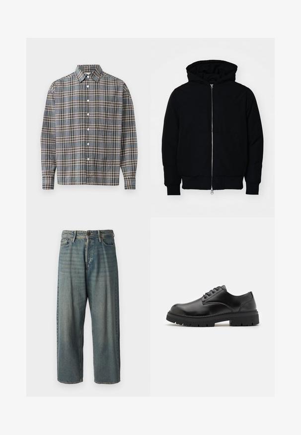 Black hooded jacket with front zipper, kangaroo pocket, ribbed cuffs, and hem, displayed on a plain white background.; Long-sleeve button-up shirt with blue, brown, and beige plaid pattern and a chest pocket on a light background.; Light blue denim jeans with a loose fit, mid-rise waist, and straight legs. Features five pockets, belt loops, and a button closure.; Black leather shoes with a rounded toe, lace-up design, and a thick, textured rubber sole. Features stitching along the edge and a smooth finish.