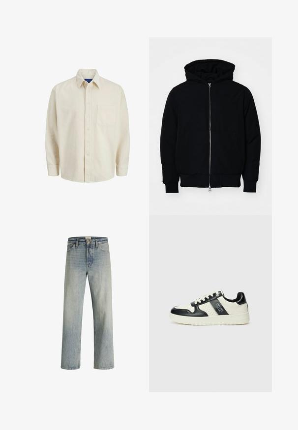 Mustat huppu-untuvatakki, jossa on vetoketju edessä, kenguru-tasku, ribatut hihansuut ja helma, esillä yksinkertaisella valkoisella taustalla.; Beige corduroy-paita nappisuljennuksella, kauluksella, pitkillä hihoilla ja yhdellä rintataskulla. Sisältää kapeita pystysuoria raidoituksia.; Vaaleansininen farkkutakki, suoralla lahkeella, korkealla vyötäröllä ja hienovaraisella haalistumisella. Sisältää viisi taskua ja perinteisen nappisulun.; Nahkakengät musta-kerma värimaailmassa, joissa on rei'itetyt yksityiskohdat, pehmustettu nilkkaosa ja teksturoitu pohja.