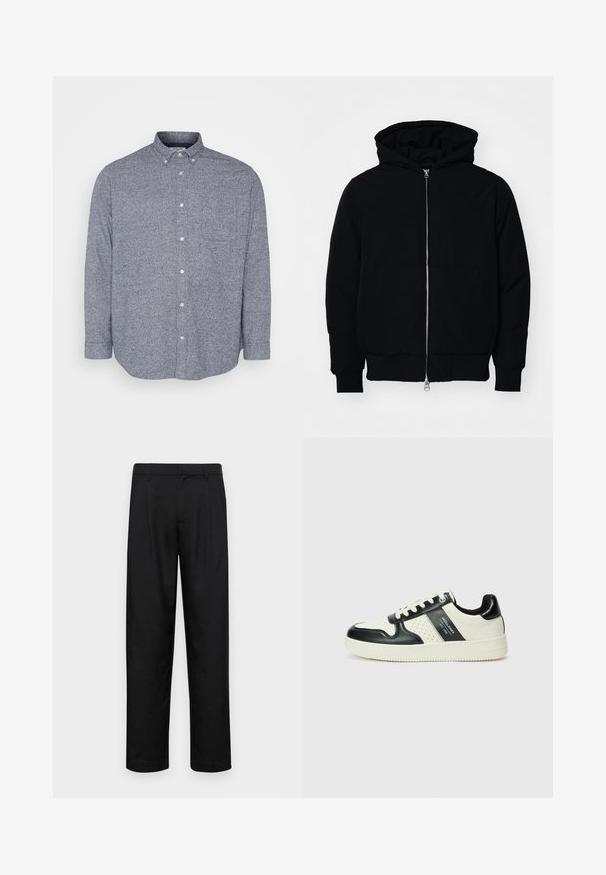 Giacca nera con cappuccio, dotata di zip frontale, tasca a marsupio, polsini e orlo a coste, esposta su uno sfondo bianco semplice.; Jack & Jones JPRBLUNORRIS SHIRT - Camicia - navy; Pantaloni neri realizzati in tessuto liscio, caratterizzati da un taglio dritto, due pieghe frontali e una vita standard con passanti per la cintura.; Sneakers in pelle con una combinazione di colori nero e crema, dotati di dettagli perforati, collare imbottito e suola testurizzata.