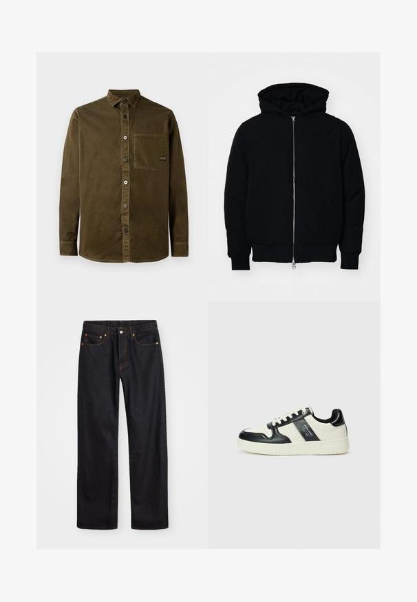 Fekete kapucnis dzseki elülső cipzárral, kenguruzsebbel, bordázott mandzsettákkal és aba, egy sima fehér háttér előtt.; Sötét olíva zöld pamut gombos ing, hegyes gallérral, egyetlen mellzsebbel és kerek alsó peremmel, finom varrási részletekkel.; Férfi egyenes szabású fekete farmernadrág öt zsebbel és narancssárga varrással, gombos és cipzáros záródással elöl.; Fekete és krém színű bőrsneaker, perforált díszítésekkel, párnázott bokapánttal és texturált talppal.