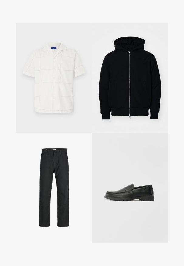 Giacca nera con cappuccio, dotata di zip frontale, tasca a marsupio, polsini e orlo a coste, esposta su uno sfondo bianco semplice.; Camicia bianca a maniche corte realizzata in tessuto con un motivo a rete testurizzato. Caratterizzata da un colletto e una chiusura con bottoni sul davanti, con dettagli di cucitura sottili.; Pantaloni neri realizzati in tessuto resistente, caratterizzati da un design a gamba dritta, dettagli cuciti e due tasche frontali per la funzionalità.; Mocassini neri in pelle con una finitura liscia, parte superiore in stile mocassino, dettagli cuciti e suola in gomma. Design classico con tacco basso.