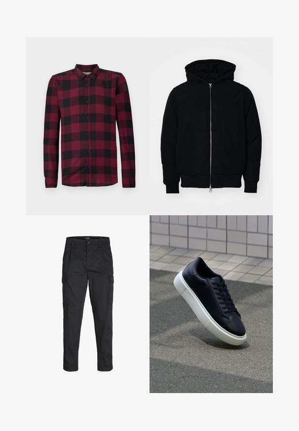 Fekete kapucnis dzseki elülső cipzárral, kenguruzsebbel, bordázott mandzsettákkal és aba, egy sima fehér háttér előtt.; Hosszú ujjú, gombos ing piros és fekete kockás mintával, klasszikus gallérral és illeszkedő mandzsettákkal.; Fekete cargo nadrág, amely tartós anyagból készült, több zsebet tartalmaz, gombos záródással rendelkezik, és karcsú szabású, szűkített lábakkal bír.; Fekete bőr sportcipő lekerekített orral és fehér gumitalppal. Lapos fűzőkkel és minimális varrásokkal rendelkezik a felsőrészén. Mintás talp a tapadásért.