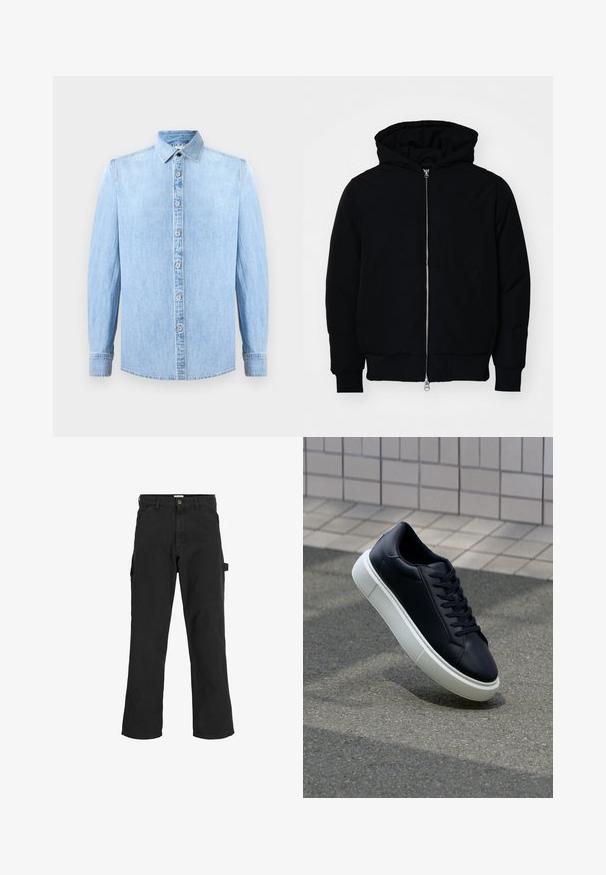 Zwarte hoodie met rits aan de voorkant, kangoeroe-pocket, geribbelde manchetten en zoom, weergegeven op een effen witte achtergrond.; Lichtblauw denim overhemd met lange mouwen, een knoopsluiting aan de voorkant en een klassieke kraag. Heeft een gladde textuur en gestikte accenten.; Zwarte cargobroek van een katoenmix. Heeft wijde pijpen, schuin voorzakken en een zijzak met een lus voor accessoires.; Zwarte leren sneaker met een ronde neus en een witte rubberen zool. Voorzien van platte veters en minimale stiksels op het bovenwerk. Textuurrijke zool voor grip.