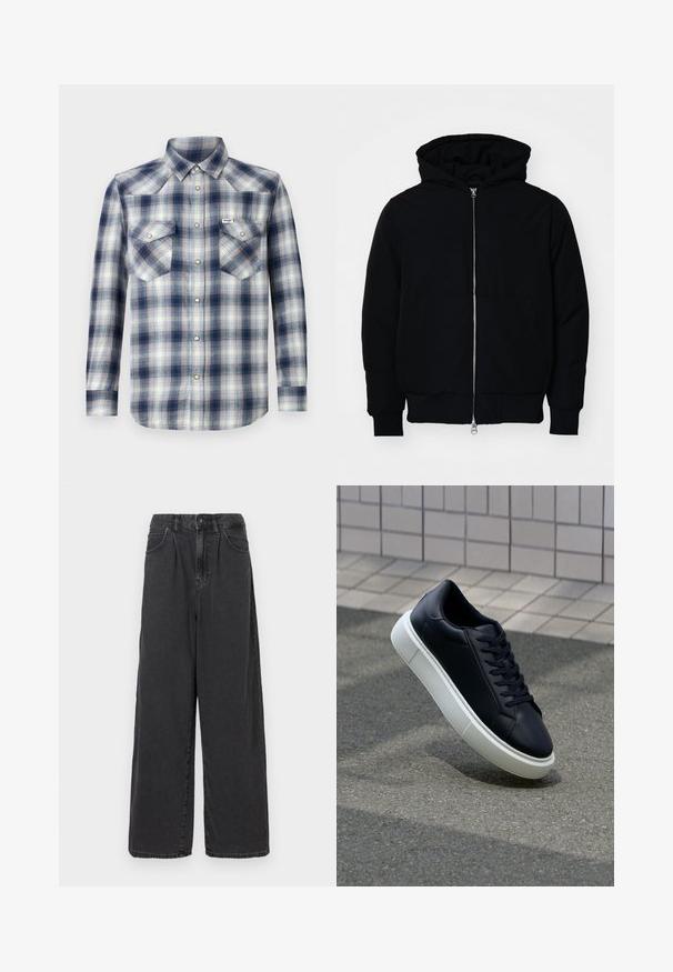 Svart huoodiejacka med framdragkedja, känguruficka, ribbade ärmslut och nederkant, uppställd mot en vit bakgrund.; Långärmad rutskjorta med ett blått och vitt rutig mönster, två bröstfickor och knappstängning framtill med silverfärgade detaljer.; Breda byxor i hög midja av svart denim med knapp och dragkedja fram, utrustade med sidofickor och en slät yta.; Svart lädersneaker med rundad tå och vit gummisula. Har platta snören och minimal sömnad på ovansidan. Texturerad sula för grepp.