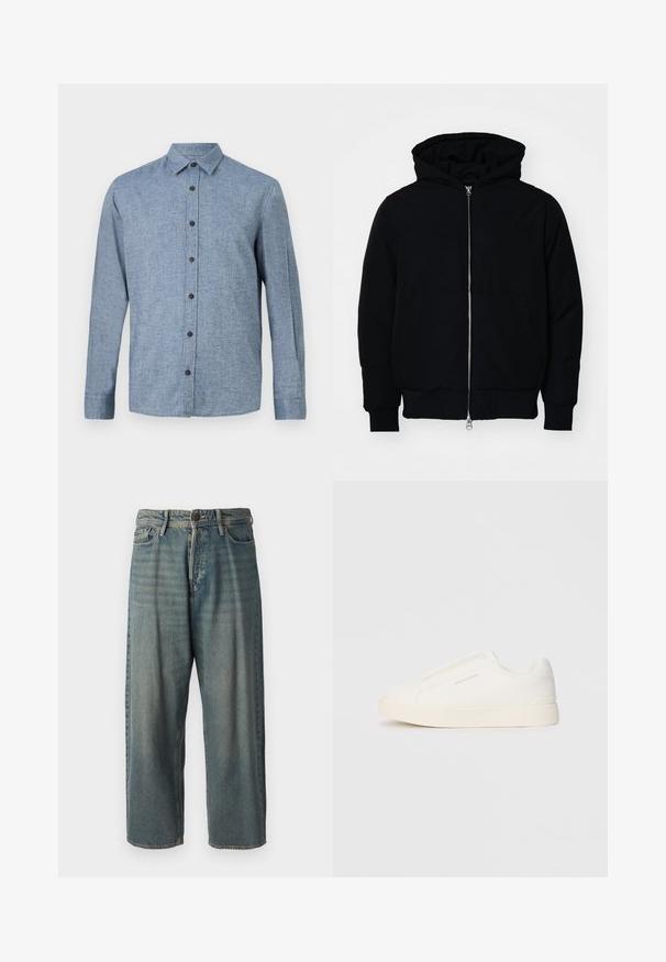 Crna kapuška jakna s prednjim zatvaračem, kenguru džepom, rebrastim manžetama i rubom, prikazana na običnoj bijeloj pozadini.; Dugmasta košulja s dugim rukavima u svijetloplanoj tkanini s teksturiranim tkay, koja sadrži ovratnik i šest tamnosmeđih dugmadi sprijeda.; Svijetloplave traperice s širokim krojem, srednjim pojasom i ravnim nogavicama. Ima pet džepova, petlje za remen i kopčanje na gumb.; Bijele slip-on tenisice s teksturiranom površinom, debelim đonom i minimalističkim dizajnom. Sadrže logo branda sa strane.