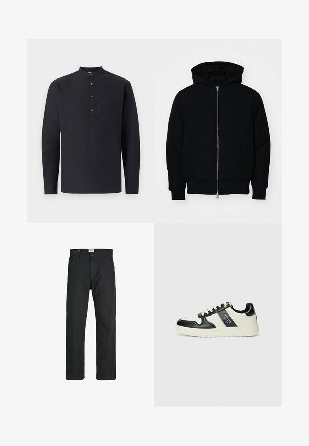 Juodas gobtuvėlis su priekiniu užtrauktuku, kengūros tipo kišene, lygiais rankogaliais ir apvadu, pateiktas ant vientiso balto fono.; Juodas ilgomis rankovėmis marškinys, pagamintas iš lengvos medžiagos, su apykakle ir keturiomis rudos spalvos sagomis prie iškirptės.; Juodi kelniai, pagaminti iš tvirto audinio, su tiesiomis kojomis, siuvinėtomis detalėmis ir dviem priekinėmis kišenėmis funkcionalumui.; Odiniai sportbačiai juodos ir kreminės spalvų schemoje, su perforuotais akcentais, paminkštinta apykakle ir tekstūruotu padu.