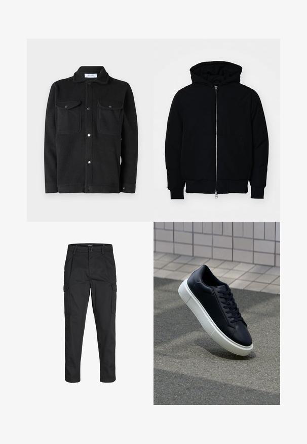 Chaqueta negra con capucha, cierre frontal, bolsillo tipo canguro, y puños y dobladillo acanalados, exhibida sobre un fondo blanco liso.; Only & Sons ONSEMILIO - Camisa - black; Pantalones cargo negros hechos de tela resistente, que cuentan con múltiples bolsillos, un cierre de botón y un diseño de corte slim con piernas ajustadas.; Zapatilla de cuero negro con punta redonda y suela de goma blanca. Presenta cordones planos y un mínimo de costuras en la parte superior. Suela texturizada para proporcionar agarre.