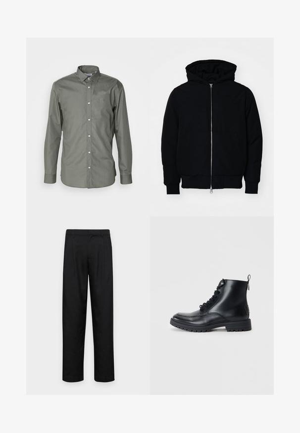 Svart hettejakke med frontglidelås, kengurulomme, ribbestrikket mansjetter og søm, vist på en ensfarget hvit bakgrunn.; Herre langermet skjorte i olivenfarget stoff, knappestolpe foran, spredt krage og avrundede mansjetter med subtil tekstur.; Sorte bukser laget av glatt stoff, med rette ben, to frontfoldninger og standard liv med beltehemper.; Sorte ankelstøvler i lær med rund tå, snøring foran og sømdetaljer. Har en oppdragingsløkke bak og en teksturert gummisåle.