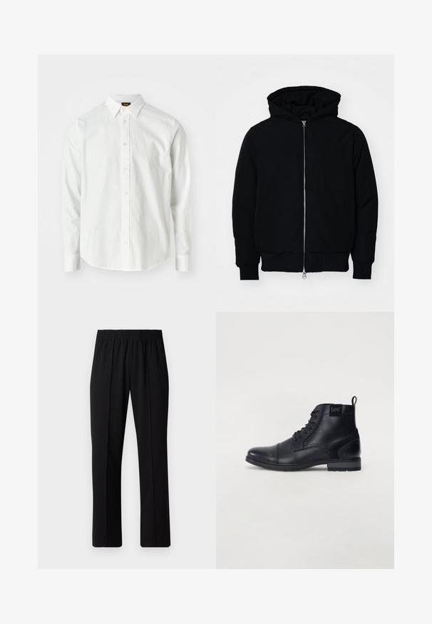 Czarna kurtka z kapturem, z suwakiem z przodu, kieszenią kangurką, ściągaczami przy mankietach i dolnym brzegu, prezentowana na jednolitym białym tle.; Biała koszula z długim rękawem z bawełny, z zapięciem na guziki z przodu, spiczastym kołnierzykiem oraz dyskretnym haftowanym logo na piersi. Gładka faktura.; Czarne spodnie z elastycznym pasem o prostym kroju, z gładką strukturą i bez widocznych wzorów czy elementów metalowych.; Czarne skórzane botki za kostkę z sznurowanym przodem, zaokrąglonym czubkiem, płaską gumową podeszwą i małym uchwytem z tyłu. Posiadają subtelną logo po boku.
