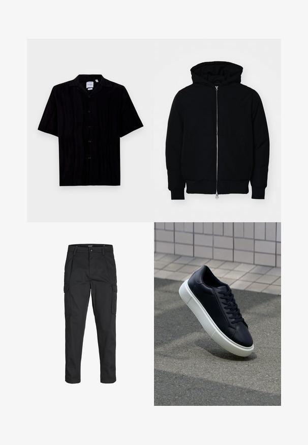 Mustaga kapuutsiga jakk, millel on esineed, kenguru tasku, soonikkoes, ja alläär, esitatud lihtsal valgel taustal.; Lühikeste varrukatega must särk struktuurse kangaga, millel on kraega kaelus ja kuus esimest nööpi, sirge äär ja mugav lõige.; Mustad mustapõlvik, mis on valmistatud tugeva koe kasutades, sisaldab mitmeid taskuid, nupule kinnitatav sulgemine ja kitsenev disain.; Mustast nahast tennisetoss, millel on ümar nina ja valge kummist tall. Omab siredaid paelu ja minimaalset õmblemist ülemises osas. Tekstuuriga tald, mis tagab haakuvuse.