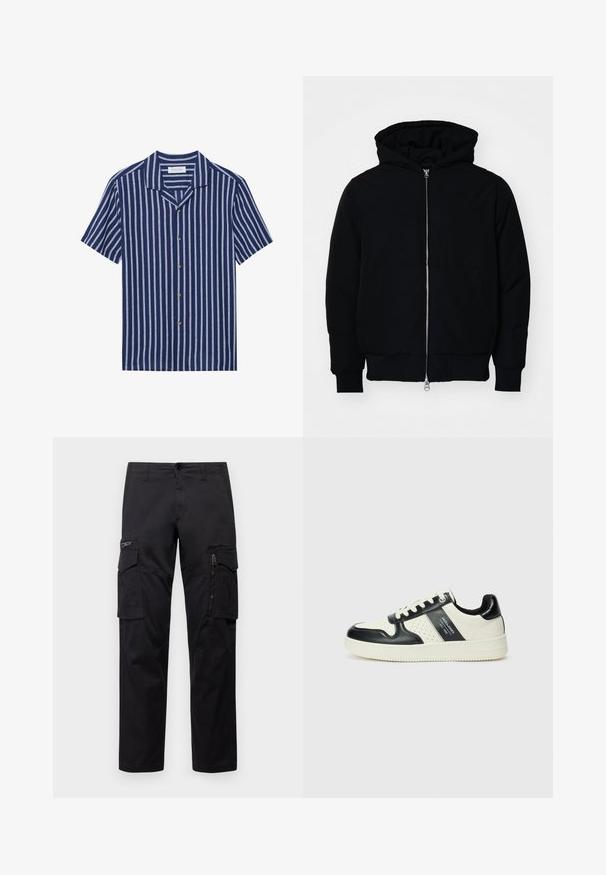 Veste à capuche noire avec fermeture éclair sur le devant, poche kangourou, poignets et ourlet côtelés, présentée sur un fond blanc uni.; Pier One LINEN MIX BLEND SHIRT - Chemise - dark blue/white; Pantalons cargo noirs avec plusieurs poches, une poche zippée sur la cuisse, coupe droite et tissu en coton résistant avec un léger éclat.; Baskets en cuir avec un schéma de couleurs noir et crème, dotées d'accents perforés, d'un col rembourré et d'une semelle texturée.