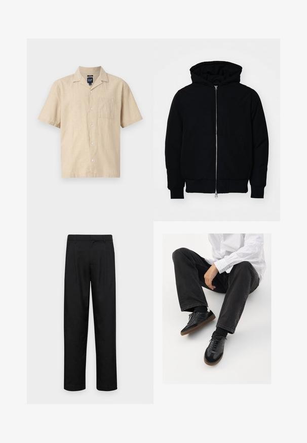Czarna kurtka z kapturem, z suwakiem z przodu, kieszenią kangurką, ściągaczami przy mankietach i dolnym brzegu, prezentowana na jednolitym białym tle.; GAP - Koszula; Czarne spodnie wykonane z gładkiego materiału, z prostą nogawką, dwoma fałdami z przodu oraz standardowym paskiem z wypustkami na pasek.; Czarne sneakersy z gładką i textured cholewką, z gumową podeszwą i ciemnymi sznurowadłami. Połączone z czarnymi dżinsami i bluzką w białe paski.