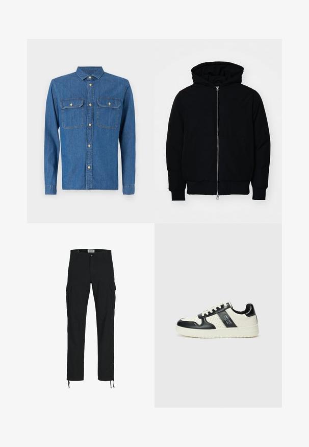 Svart hettejakke med frontglidelås, kengurulomme, ribbestrikket mansjetter og søm, vist på en ensfarget hvit bakgrunn.; Denimskjorte i mørk blå, lange ermer med knappekanter, spiss krage, to brystlommer og frontlukning med knapper i gull.; Svarte cargo-bukser med rett snitt, med sidelommer, knappelukking og elastiske snorer ved anklene. Laget av slitesterkt stoff.; Lædersneakers med sort og creme farveskema, der har perforerede detaljer, en polstret krave og en struktureret ydersål.