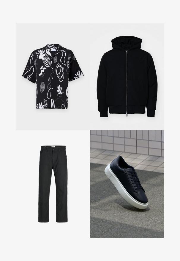 Giacca nera con cappuccio, dotata di zip frontale, tasca a marsupio, polsini e orlo a coste, esposta su uno sfondo bianco semplice.; Camicetta a maniche corte in tessuto nero con audaci motivi astratti bianchi, apertura frontale con bottoni e vestibilità rilassata. Adatta per un look casual.; Pantaloni neri realizzati in tessuto resistente, caratterizzati da un design a gamba dritta, dettagli cuciti e due tasche frontali per la funzionalità.; Sneaker in pelle nera con punta arrotondata e suola in gomma bianca. Presenta lacci piatti e cuciture minime sulla parte superiore. Suola testurizzata per una migliore aderenza.
