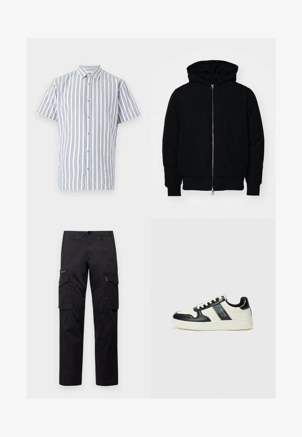 Schwarze Kapuzenjacke mit Frontreißverschluss, Kängurutasche, gerippten Bündchen und Saum, auf einem schlichten weißen Hintergrund präsentiert.; Kurzarmhemd in hellblau und weißen Streifen, mit einer Knopfleiste und beigen Knöpfen. Aus strukturiertem Stoff gefertigt.; Schwarze Cargo-Hosen mit mehreren Taschen, einer Reißverschlusstasche am Oberschenkel, geradem Schnitt und strapazierfähigem Baumwollstoff mit leichtem Glanz.; Leder-Sneaker in Schwarz- und Cremetönen, mit perforierten Akzenten, einem gepolsterten Kragen und einer strukturierten Laufsohle.
