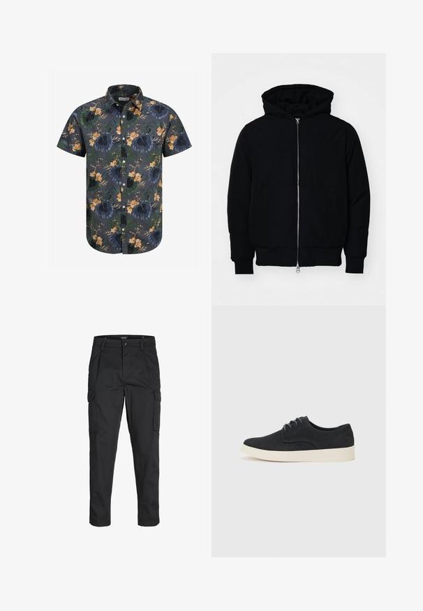 Černá kapucňová bunda s předním zipem, klokaní kapsou, vroubkovanými manžetami a spodním lemem, vystavená na čistém bílém pozadí.; Košile s krátkým rukávem v tmavě šedé látce, zdobená tropickým květinovým vzorem v zelených, oranžových a žlutých odstínech. Design na knoflíky s límečkem.; Černé cargo kalhoty vyrobené z odolné tkaniny, s mnoha kapsami, knoflíkovým zapínáním a slim fit střihem se zúženými nohavicemi.; Černé semišové šněrovací boty s kulatou špičkou, lehkou krémovou podrážkou a jemným modrým prošíváním na svršku.