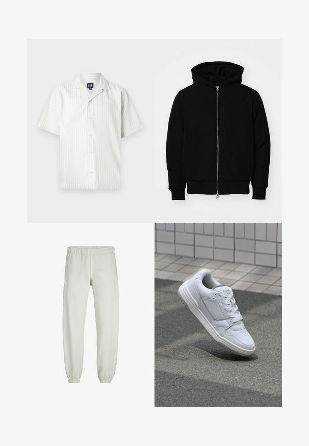 Sort hættejakke med frontlynlås, kængurulomme, ribbede manchetter og kant, præsenteret på en ensfarvet hvid baggrund.; Kortærmet skjorte med knaplukning i lyseblå og hvide lodrette striber, lavet af bomuldsstof, med spidse krave og frontknapper.; Hvide sweatpants lavet af blødt stof, med elastisk talje og håndled, der har en glat tekstur og løs pasform.; Hvide lædersneakers med perforerede sider, teksturerede detaljer, flade snørebånd og en kontrasterende grå hæl. Har en let forhøjet sål.