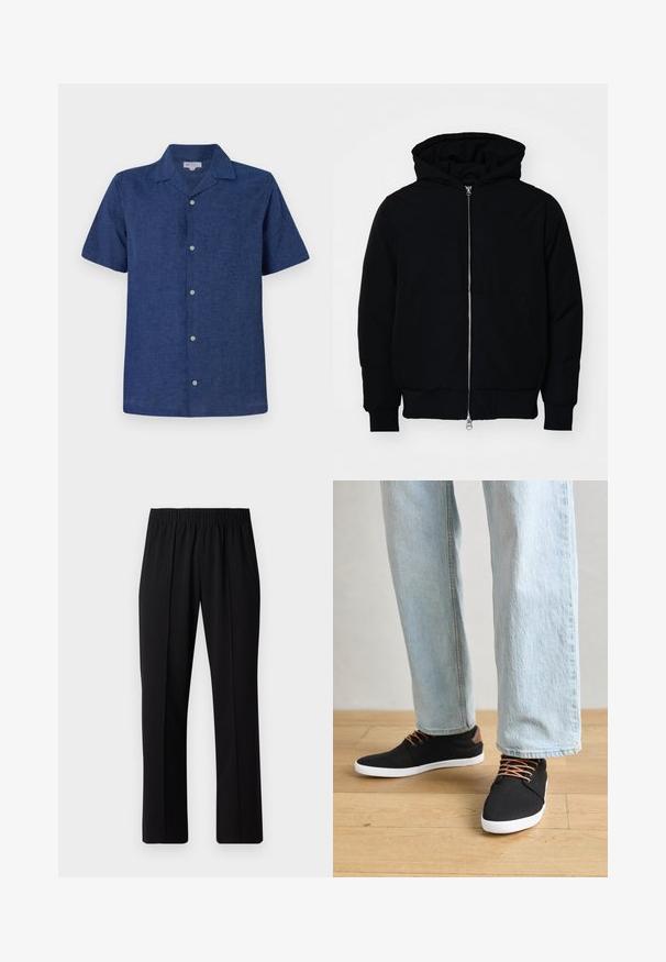 Zwarte hoodie met rits aan de voorkant, kangoeroe-pocket, geribbelde manchetten en zoom, weergegeven op een effen witte achtergrond.; Korte mouw, marineblauwe shirt gemaakt van ademend materiaal, met een kraag, functionele knopen en een licht gestructureerde afwerking.; Zwarte, elastische broek met rechte pijpen, met een gladde textuur en zonder zichtbare patronen of hardware.; Zwarte canvas sneakers met bruine accenten, witte rubberen zolen en bruine veters, gecombineerd met lichtblauwe spijkerbroeken met rechte pijpen. Houten vloer als achtergrond.