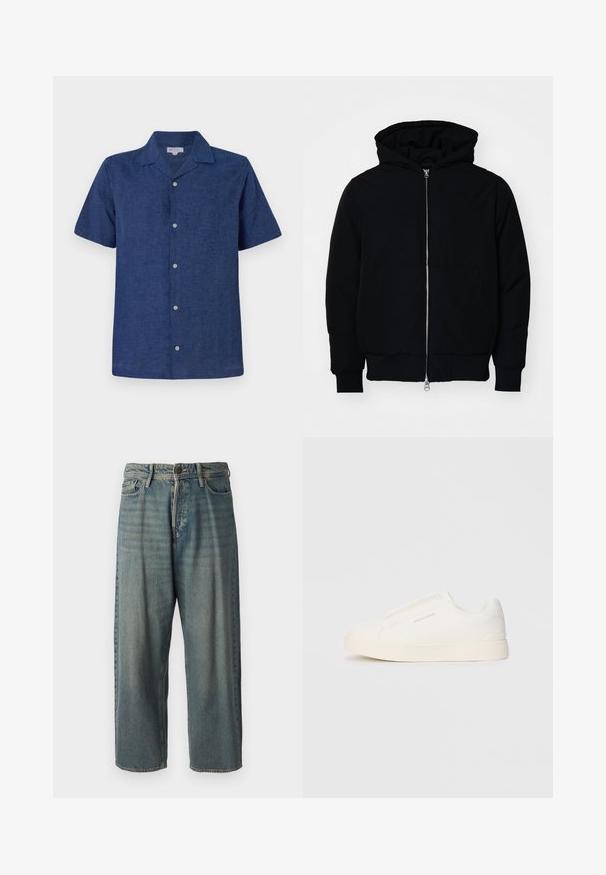 Schwarze Kapuzenjacke mit Frontreißverschluss, Kängurutasche, gerippten Bündchen und Saum, auf einem schlichten weißen Hintergrund präsentiert.; Kurzärmliges, marineblaues Hemd aus atmungsaktivem Stoff, mit Kragen, funktionalen Knöpfen und einer leicht strukturierten Oberfläche.; Helle blaue Denim-Jeans mit lockerer Passform, mittelhoher Taille und geraden Beinen. Hat fünf Taschen, Gürtelschlaufen und einen Knopfverschluss.; Weiße Slip-On-Sneaker mit einer strukturierten Oberfläche, dicker Sohle und minimalistischem Design. Mit Logo der Marke an der Seite.