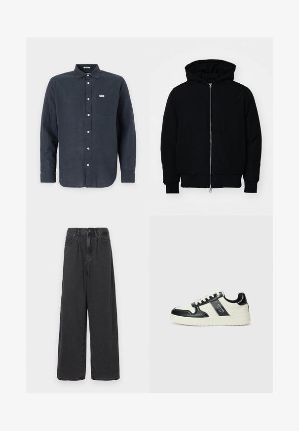 Zwarte hoodie met rits aan de voorkant, kangoeroe-pocket, geribbelde manchetten en zoom, weergegeven op een effen witte achtergrond.; Donkerblauwe langermig overhemd van linnen, met een button-down kraag, een borstzak en witte knopen. Wrangler-logo op de zak.; Brede pijpen, hooggewaste zwarte denim broek met een sluiting met een knoop en rits aan de voorkant, voorzien van zijzakken en een soepele textuur.; Leren sneakers met een zwart en crèmekleurig kleurenschema, voorzien van geperforeerde accenten, een gevoerde kraag en een gestructureerde buitenzool.