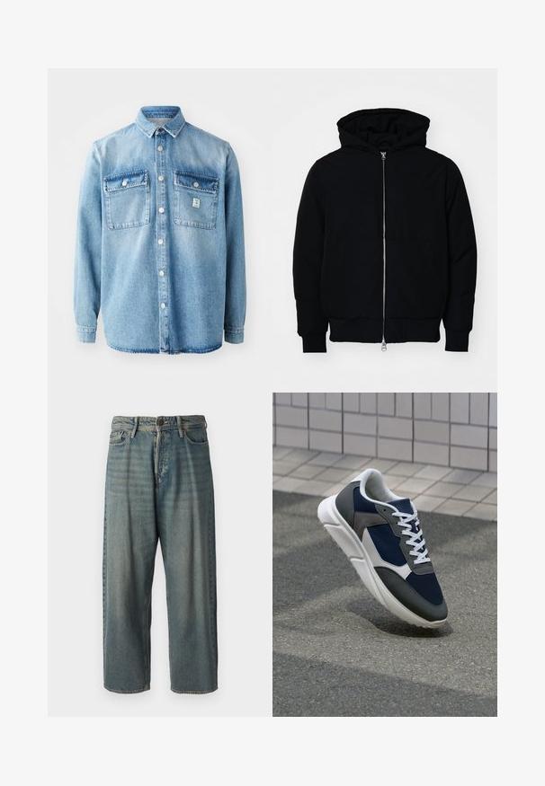 Juodas gobtuvėlis su priekiniu užtrauktuku, kengūros tipo kišene, lygiais rankogaliais ir apvadu, pateiktas ant vientiso balto fono.; Šviesiai mėlyna džinsinė marškiniai su ilgomis rankovėmis, taškinis apykakle, dviem krūtinės kišenėmis ir priekyje užsegimu mygtukais. Savybės - subtili audinio tekstūra ir siuvimo detalės.; Šviesiai mėlyni džinsai su laisvu siluetu, vidutinio aukščio juosmeniu ir tiesiomis kojomis. Su penkiais kišenėmis, diržo kilpo ir mygtukų uždarymu.; Sportiniai bateliai su tamsiai mėlynu tinkliniu viršumi, pilkais zomšiniais akcentais, balta guma padanga ir plokščiomis baltomis raištelėmis, sukurti komfortui ir oro pralaidumui.