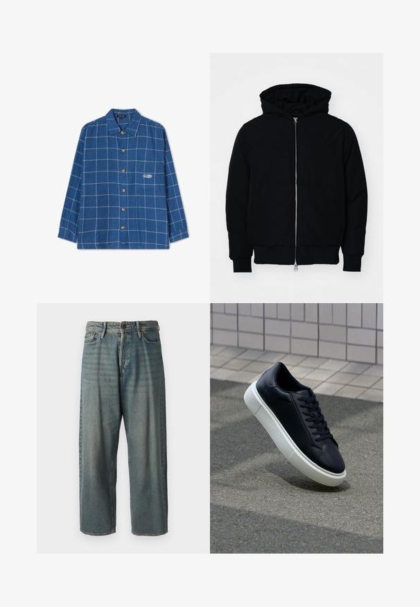 Crna kapuška jakna s prednjim zatvaračem, kenguru džepom, rebrastim manžetama i rubom, prikazana na običnoj bijeloj pozadini.; Plavi karirani flanel košulja s dugim rukavima, zakopčana sprijeda, sa šiljastim ovratnikom i malim logotipom na džepu.; Svijetloplave traperice s širokim krojem, srednjim pojasom i ravnim nogavicama. Ima pet džepova, petlje za remen i kopčanje na gumb.; Crne kožne tenisice s zaobljenim vrhom i bijelim gumiranim potplatom. Imaju ravne vezice i minimalno šivanje na gornjem dijelu. Teksturirani potplat za bolje prianjanje.