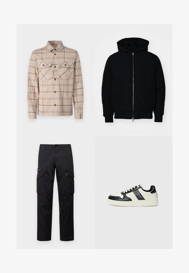 Zwarte hoodie met rits aan de voorkant, kangoeroe-pocket, geribbelde manchetten en zoom, weergegeven op een effen witte achtergrond.; Beige geruite shirtjas gemaakt van stof met twee borstzakken, knoopsluiting aan de voorkant en donkere accenten in een ruitpatroon.; Zwarte cargobroek met meerdere zakken, een ritszak op de dij, rechte pasvorm en stevige katoen met een subtiele glans.; Leren sneakers met een zwart en crèmekleurig kleurenschema, voorzien van geperforeerde accenten, een gevoerde kraag en een gestructureerde buitenzool.