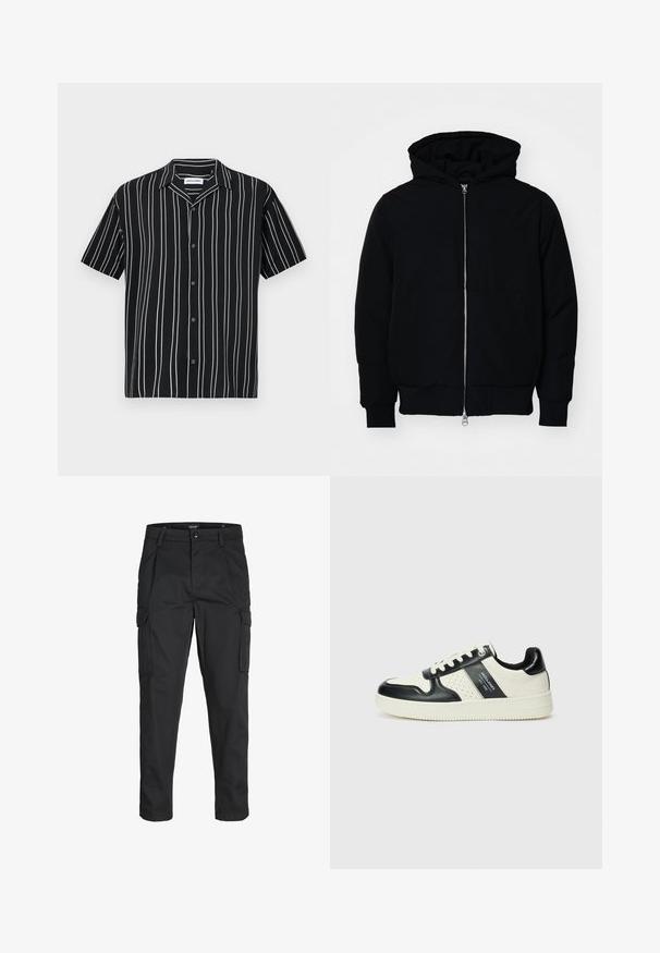 Čierna kapucňová bunda s predným zipsom, klokaními vreckami, rebrovanými manžetami a lemom, zobrazená na bielom pozadí.; Krátky rukáv čierna košeľa s vertikálnymi bielymi pásikmi, s gombíkovým zapínaním a rozšíreným golierom. Vyrobené z ľahkej tkaniny, hladká textúra.; Čierne cargo nohavice z odolnej látky, s viacerými vreckami, gombíkovým zapínaním a úzkym strihom so zúženými nohavicami.; Kožené tenisky v čierno-krémovej farbe, s perforovanými akcentmi, polstrovaným golierom a štruktúrovanou podrážkou.