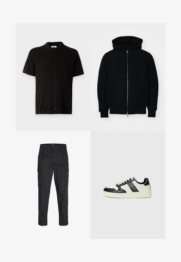 Svart hettejakke med frontglidelås, kengurulomme, ribbestrikket mansjetter og søm, vist på en ensfarget hvit bakgrunn.; Korte ermer svart strikket skjorte med krage, knappfront og subtil teksturert mønster. Klassisk design med en avslappet passform.; Sorte cargo bukser laget av slitesterkt stoff, med flere lommer, knappelukking og en slim fit-design med avsmalnede ben.; Lædersneakers med sort og creme farveskema, der har perforerede detaljer, en polstret krave og en struktureret ydersål.
