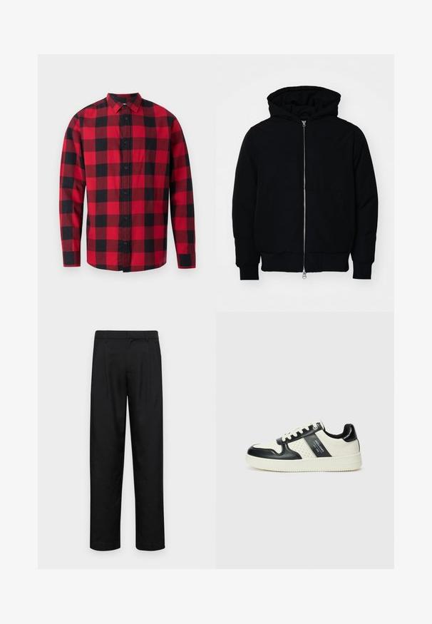 Mustaga kapuutsiga jakk, millel on esineed, kenguru tasku, soonikkoes, ja alläär, esitatud lihtsal valgel taustal.; Punane ja must ruuduline flanellpaita nupuväärisega ees, pikad varrukad ja krae. Omab klassikalist ruudustikku.; Mustad mustadest riietest, millel on sirge jalgade disain, kaks eesmist voltimist ja tavaline vöökoht, millel on vöökohad.; Nahatud nahkkingad musta ja kreemi värviskeemiga, millel on perforeeritud aktsendid, pehme krae ja tekstureeritud tallad.