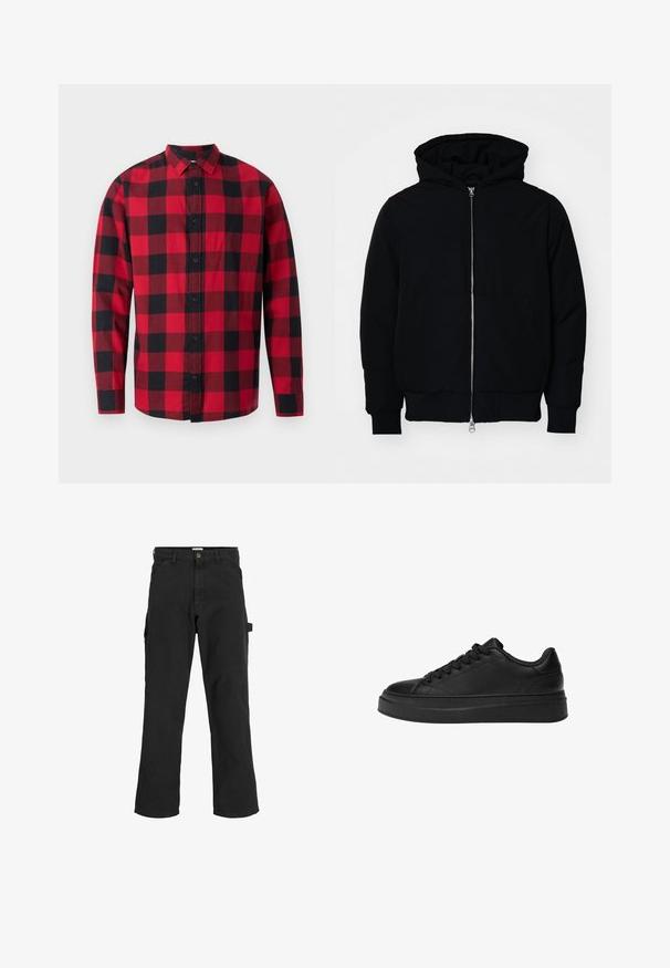 Czarna kurtka z kapturem, z suwakiem z przodu, kieszenią kangurką, ściągaczami przy mankietach i dolnym brzegu, prezentowana na jednolitym białym tle.; Czerwona i czarna koszula flanelowa w kratę z zapinaniem na guziki, długimi rękawami i kołnierzykiem. Posiada klasyczny wzór w kratę.; Czarne spodnie cargo z mieszanki bawełny. Posiadają szerokie nogawki, ukośne kieszenie z przodu oraz kieszeń boczną z pętlą na akcesoria.; Czarny trampki wykonane z gładkiej skóry, z okrągłym noskiem, grubą platformą i tradycyjnym sznurowaniem z sześcioma oczkami.