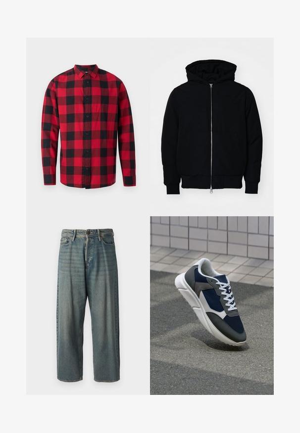 Juodas gobtuvėlis su priekiniu užtrauktuku, kengūros tipo kišene, lygiais rankogaliais ir apvadu, pateiktas ant vientiso balto fono.; Raudonos ir juodos languotos flanelinės marškinių suknelės liemenė su mygtukais priekyje, ilgomis rankovėmis ir apykakle. Išsiskiria klasikinio tweed rašto.; Šviesiai mėlyni džinsai su laisvu siluetu, vidutinio aukščio juosmeniu ir tiesiomis kojomis. Su penkiais kišenėmis, diržo kilpo ir mygtukų uždarymu.; Sportiniai bateliai su tamsiai mėlynu tinkliniu viršumi, pilkais zomšiniais akcentais, balta guma padanga ir plokščiomis baltomis raištelėmis, sukurti komfortui ir oro pralaidumui.