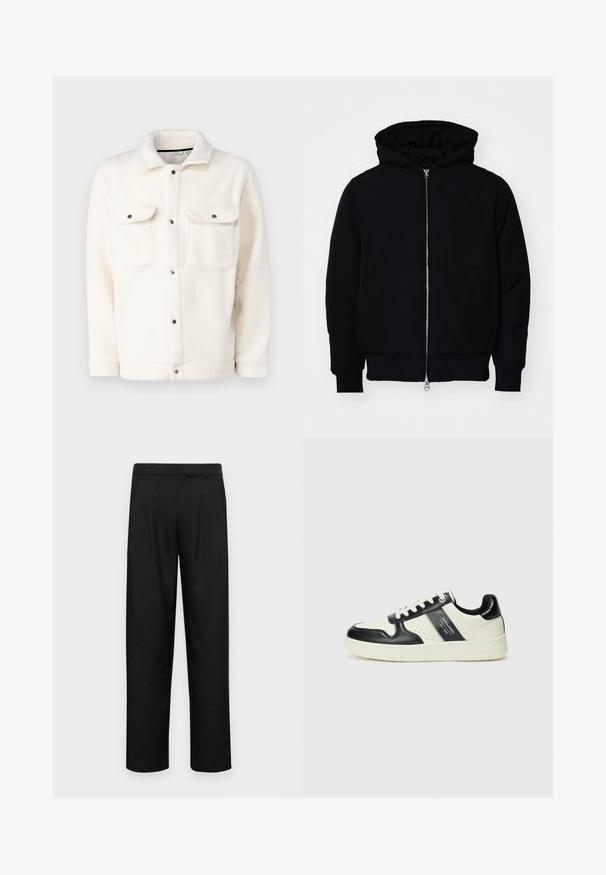 Črna kapuca jakna s sprednjim zadrgo, kenguru žepom, rebrastimi manšetami in hemom, razstavljena na enostavni beli ozadju.; Fleece jakna v off-white barvi z gumbom, dvema prsnoma žepoma in ovratnikom srajce. Ima teksturirano površino in zaobljene manšete.; Črne hlače iz gladkega materiala, s krojem ravne noge, dvema sprednjima pregiboma in standardnim pasom z zankami za pas.; Usnjeni športni čevlji z črno in krem barvno shemo, ki vključujejo perforirane dodatke, podložen ovratnik in strukturirano podplat.