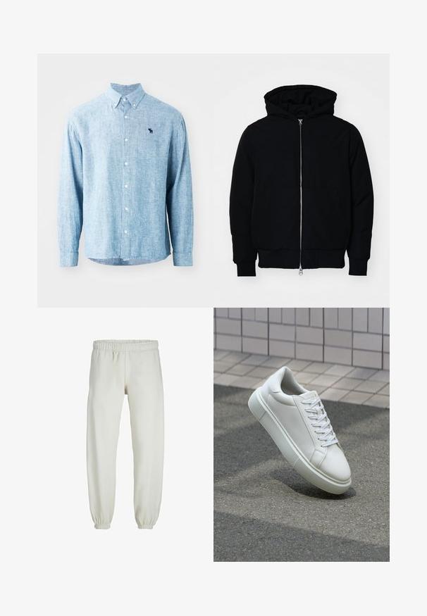 Black hooded jacket with front zipper, kangaroo pocket, ribbed cuffs, and hem, displayed on a plain white background.; Light blue button-up shirt in a textured fabric. Features a collar, long sleeves, and a small dark logo on the chest.; White sweatpants made from soft fabric, featuring an elastic waistband and cuffs, with a smooth texture and loose-fitting design.; White leather sneaker with a smooth surface, round toe, and flat white laces. Features a textured rubber sole and minimal design elements.