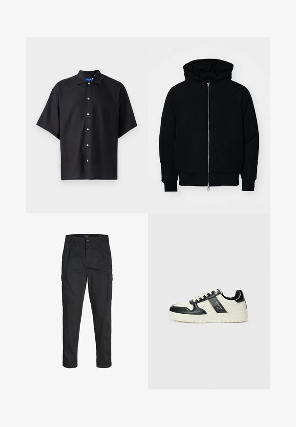 Zwarte hoodie met rits aan de voorkant, kangoeroe-pocket, geribbelde manchetten en zoom, weergegeven op een effen witte achtergrond.; Korte mouw zwarte shirt gemaakt van lichtgewicht stof, met een puntkraag en een voorste knoopsluiting met witte knopen.; Zwarte cargobroek van stevig stof, met meerdere zakken, een knoopsluiting en een slim fit ontwerp met taps toelopende benen.; Leren sneakers met een zwart en crèmekleurig kleurenschema, voorzien van geperforeerde accenten, een gevoerde kraag en een gestructureerde buitenzool.