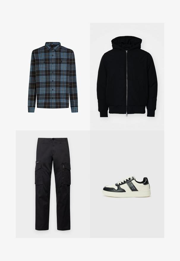 Melna kapucēta jaka ar priekšējo rāvējslēdzēju, kenguru kabatu, ribinātām aprocēm un apakšmalu, parādīta uz vienkārša balta fona.; Melnas un zilas flaneles krekls ar pārbaudes rakstu, garām piedurknēm, pogājama priekšpuses daļa un divas krūšu kabatas. Izgatavots no mīksta auduma.; Melnas cargo bikses ar vairākiem kabatām, ar rāvējslēdzēju kabatu uz augšstilba, taisnu piegriezumu un izturīgu kokvilnas audumu ar vieglu spīdumu.; Ādas sporta apavi ar melnbaltu krāsu shēmu, ar perforētiem akcentiem, mīkstinātu apkakli un teksturētu zoli.