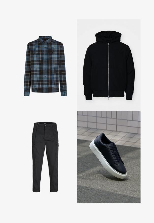Chaqueta negra con capucha, cierre frontal, bolsillo tipo canguro, y puños y dobladillo acanalados, exhibida sobre un fondo blanco liso.; Camisa de franela negra y azul con un patrón de cuadros, mangas largas, cierre de botones en la parte delantera y dos bolsillos en el pecho. Hecha de una tela suave.; Pantalones cargo negros hechos de tela resistente, que cuentan con múltiples bolsillos, un cierre de botón y un diseño de corte slim con piernas ajustadas.; Zapatilla de cuero negro con punta redonda y suela de goma blanca. Presenta cordones planos y un mínimo de costuras en la parte superior. Suela texturizada para proporcionar agarre.