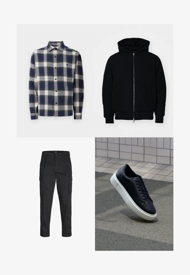 Melna kapucēta jaka ar priekšējo rāvējslēdzēju, kenguru kabatu, ribinātām aprocēm un apakšmalu, parādīta uz vienkārša balta fona.; Vīriešu garām piedurknēm pogājama krekla ar jūras zila, baltu un zaļu lielu skotu rakstu un vienu krūšu kabatu.; Melnas kravas bikses, izgatavotas no izturīga auduma, ar vairākiem kabatām, pogu aizdari un šaura piegriezuma dizainu ar sašaurinātiem kāju apakšiem.; Melnas ādas kedas ar noapaļotu pirkstu un baltu gumijas zoli. Iespējas - plakanas šņorītes un minimāla apdare augšdaļā. Struktūrēta zole, lai nodrošinātu saķeri.