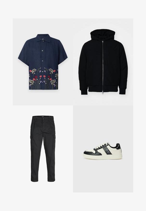 Schwarze Kapuzenjacke mit Frontreißverschluss, Kängurutasche, gerippten Bündchen und Saum, auf einem schlichten weißen Hintergrund präsentiert.; GAP Hemd - blue; Schwarze Cargo-Hose aus robustem Material, mit mehreren Taschen, einem Knopfverschluss und einem Slim-Fit-Design mit schmal zulaufenden Beinen.; Leder-Sneaker in Schwarz- und Cremetönen, mit perforierten Akzenten, einem gepolsterten Kragen und einer strukturierten Laufsohle.