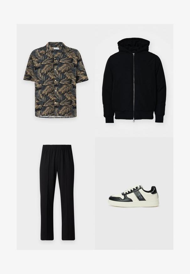Juodas gobtuvėlis su priekiniu užtrauktuku, kengūros tipo kišene, lygiais rankogaliais ir apvadu, pateiktas ant vientiso balto fono.; Juoda trumpomis rankovėmis marškiniai, išsiskiriantys aukso ir smėlio spalvos palmės lapų raštu, su klasikinio stiliaus apykakle ir mygtukų uždarymu.; Juodos, elastingos juosmens kelnės su tiesiomis kojomis, turinčios lygų paviršių ir be matomų raštų ar detalių.; Odiniai sportbačiai juodos ir kreminės spalvų schemoje, su perforuotais akcentais, paminkštinta apykakle ir tekstūruotu padu.