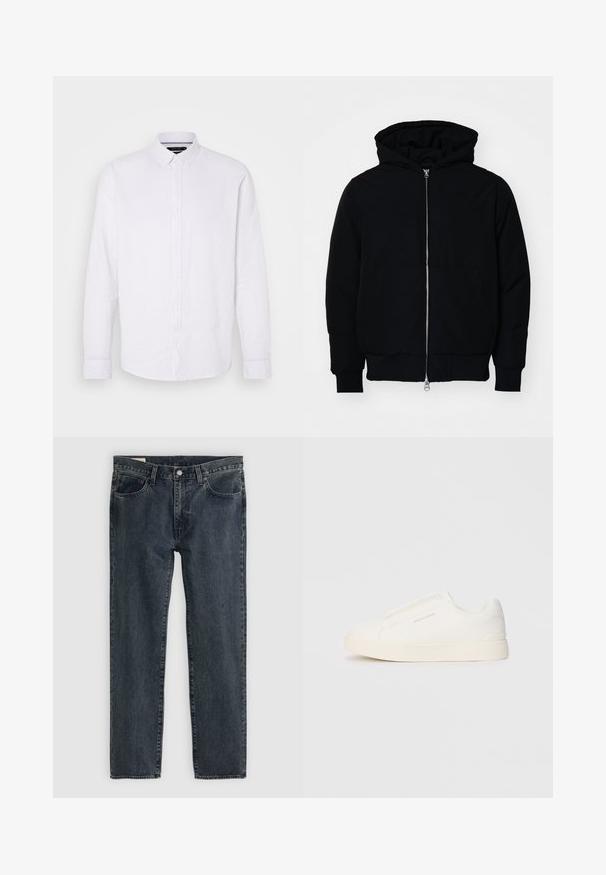 Black hooded jacket with front zipper, kangaroo pocket, ribbed cuffs, and hem, displayed on a plain white background.; White long-sleeve button-up shirt made of linen. Features a classic collar and single chest pocket with simple button detailing.; Dark blue denim jeans with a straight leg design, five pockets, and a button-fly closure. The fabric shows a subtle fade and texture.; White slip-on sneakers with a textured surface, a thick sole, and minimalistic design. Features brand logo on the side.