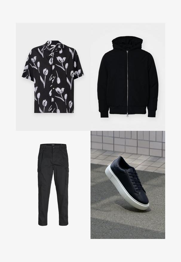 Svart hettejakke med frontglidelås, kengurulomme, ribbestrikket mansjetter og søm, vist på en ensfarget hvit bakgrunn.; Kortermet svart skjorte med hvit tulipanmønster, med knapper foran og avslappet passform. Laget av lettvektig stoff med en glatt tekstur.; Sorte cargo bukser laget av slitesterkt stoff, med flere lommer, knappelukking og en slim fit-design med avsmalnede ben.; Sorte skinnsneakers med rund tå og hvit gummisåle. Har flate lisser og minimal søm på overdelen. Strukturert såle for grep.