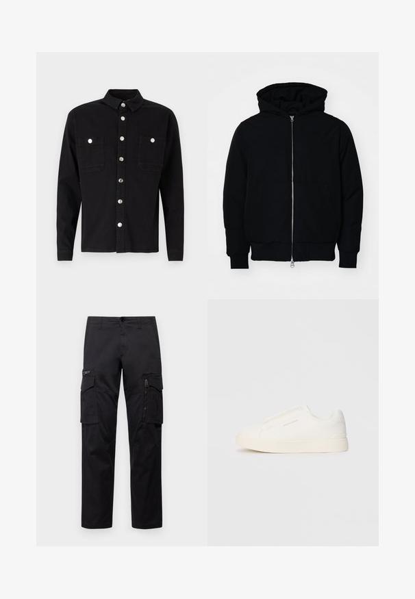 Melna kapucēta jaka ar priekšējo rāvējslēdzēju, kenguru kabatu, ribinātām aprocēm un apakšmalu, parādīta uz vienkārša balta fona.; Denim Project LOOSE OVERSIZED - Krekls - black washed; Melnas cargo bikses ar vairākiem kabatām, ar rāvējslēdzēju kabatu uz augšstilba, taisnu piegriezumu un izturīgu kokvilnas audumu ar vieglu spīdumu.; Baltas slip-on sporta apavi ar teksturētu virsmu, biezu zoli un minimālistisku dizainu. Sānos redzams zīmola logotips.