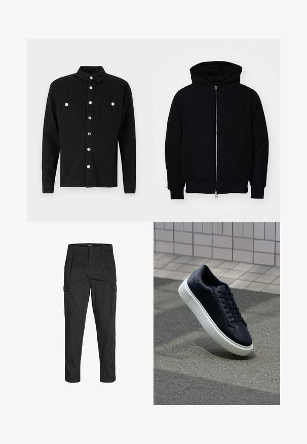 Chaqueta negra con capucha, cierre frontal, bolsillo tipo canguro, y puños y dobladillo acanalados, exhibida sobre un fondo blanco liso.; Denim Project LOOSE OVERSIZED - Camisa - black washed; Pantalones cargo negros hechos de tela resistente, que cuentan con múltiples bolsillos, un cierre de botón y un diseño de corte slim con piernas ajustadas.; Zapatilla de cuero negro con punta redonda y suela de goma blanca. Presenta cordones planos y un mínimo de costuras en la parte superior. Suela texturizada para proporcionar agarre.