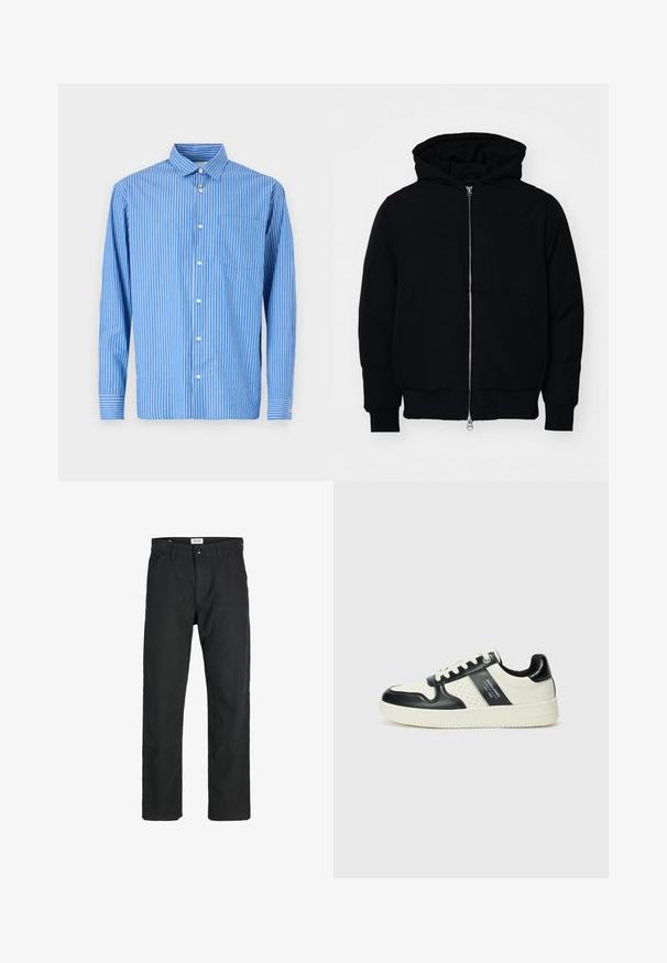 Chaqueta negra con capucha, cierre frontal, bolsillo tipo canguro, y puños y dobladillo acanalados, exhibida sobre un fondo blanco liso.; Camisa de manga larga a rayas azul y blanca, con diseño de botones, que incluye un cuello clásico y un único bolsillo en el pecho. Fabricada en suave algodón.; Pantalones negros de tela duradera, con un diseño de pierna recta, detalles cosidos y dos bolsillos frontales para mayor funcionalidad.; Zapatillas de cuero con un esquema de colores negro y crema, que cuentan con acentos perforados, un collar acolchado y una suela texturizada.