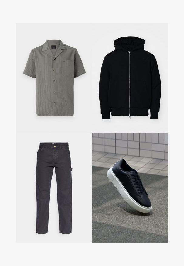 Black hooded jacket with front zipper, kangaroo pocket, ribbed cuffs, and hem, displayed on a plain white background.; Short-sleeve, gray shirt made of textured fabric, featuring a pointed collar, chest pocket, and dark buttons down the front.; Dark gray cargo pants made of durable fabric, featuring a straight-leg cut, five pockets, and a button closure at the waist.; Black leather sneaker with rounded toe and white rubber sole. Features flat laces and minimal stitching on the upper. Textured sole for grip.