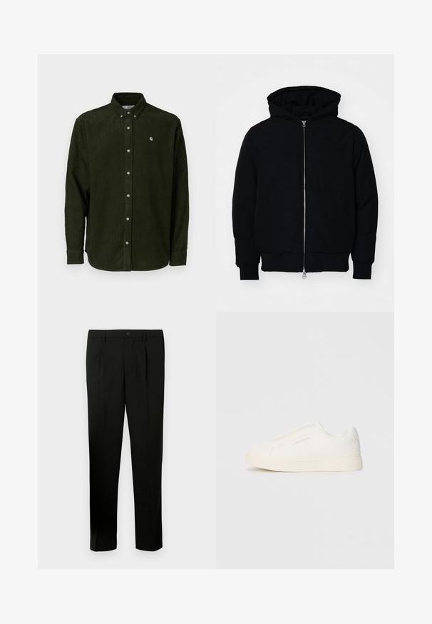 Melna kapucēta jaka ar priekšējo rāvējslēdzēju, kenguru kabatu, ribinātām aprocēm un apakšmalu, parādīta uz vienkārša balta fona.; Carhartt WIP MADISON SHIRT - Krekls - tarragon; Melnas pielāgotas bikses ar gludu priekšu, diviem krokām, aizdari ar pogu, sānu kabatām un taisna griezuma kājām. Izgatavotas no gludas auduma.; Baltas slip-on sporta apavi ar teksturētu virsmu, biezu zoli un minimālistisku dizainu. Sānos redzams zīmola logotips.